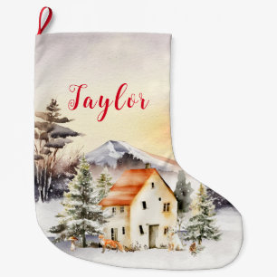 Winter Holiday Christmas Cottage Large Christmas Stocking