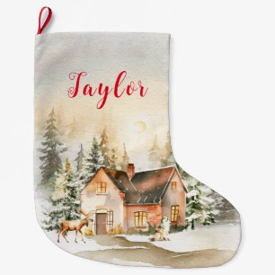 Winter Holiday Christmas Cottage Large Christmas Stocking