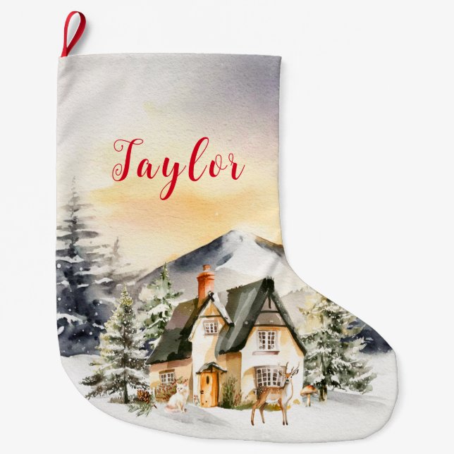 Winter Holiday Christmas Cottage Large Christmas Stocking (Front)