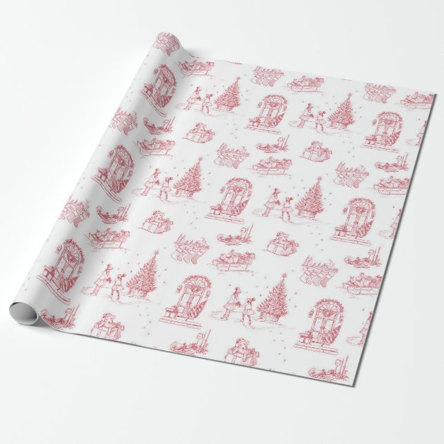 Winter Holiday Christmas Red White Toile Gift Wrapping Paper (Unrolled)