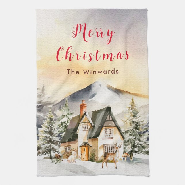 Winter Holiday Cottage Merry Christmas Kitchen Towel (Vertical)