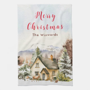 Winter Holiday Cottage Merry Christmas Kitchen Towel