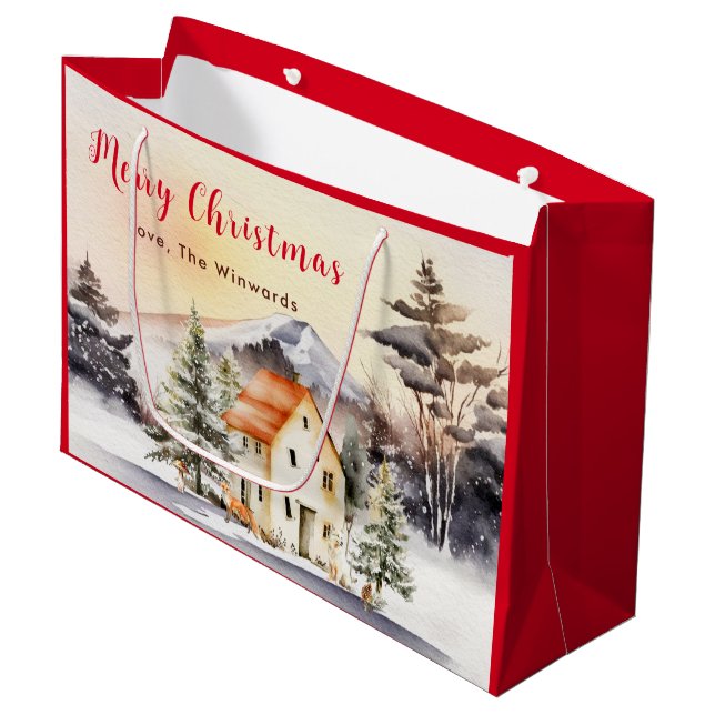 Winter Holiday Cottage Merry Christmas Large Gift Bag (Front Angled)