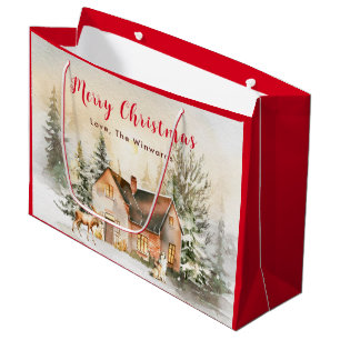 Winter Holiday Cottage Merry Christmas Large Gift Bag