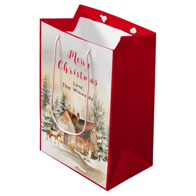 Winter Holiday Cottage Merry Christmas Medium Gift Bag (Front Angled)