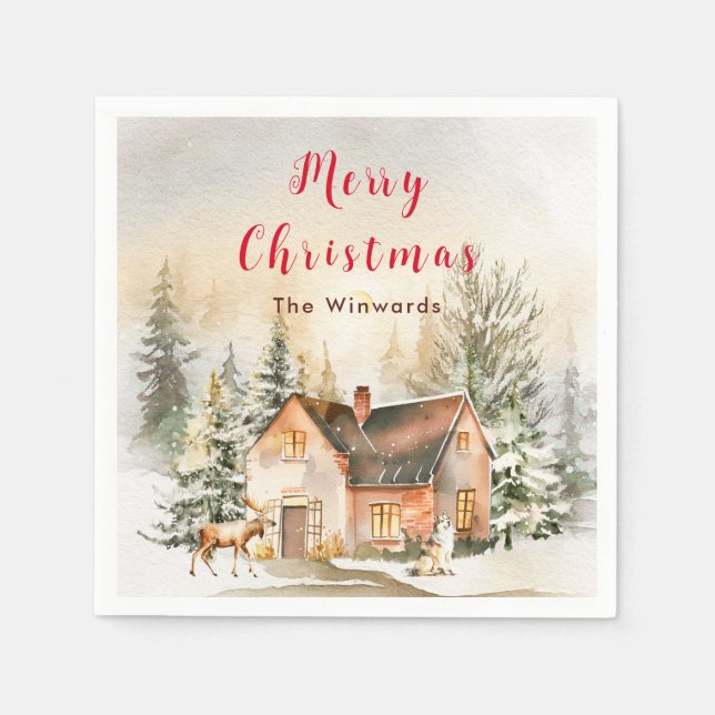 Winter Holiday Cottage Merry Christmas Napkin (Front)