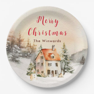 Winter Holiday Cottage Merry Christmas Paper Plate