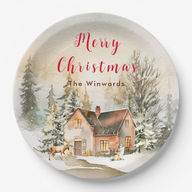 Winter Holiday Cottage Merry Christmas Paper Plate (Front)