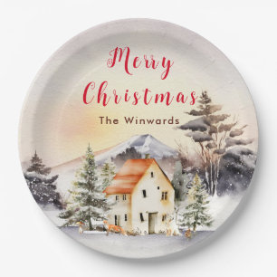 Winter Holiday Cottage Merry Christmas Paper Plate