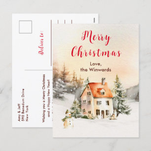Winter Holiday Cottage Merry Christmas Postcard