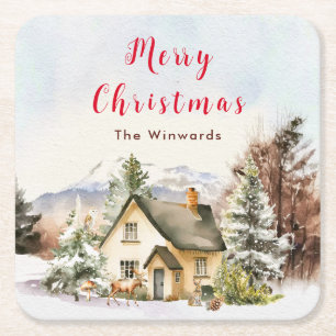 Winter Holiday Cottage Merry Christmas Square Paper Coaster