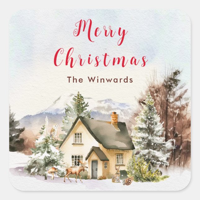 Winter Holiday Cottage Merry Christmas Square Sticker (Front)