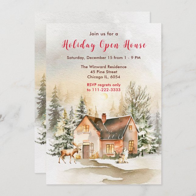 Winter Holiday Cottage Open House Invitation (Front/Back)