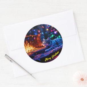 Winter holiday cute cat Christmas lights Classic Round Sticker