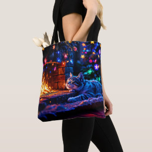 Winter holiday cute cat Christmas lights Tote Bag