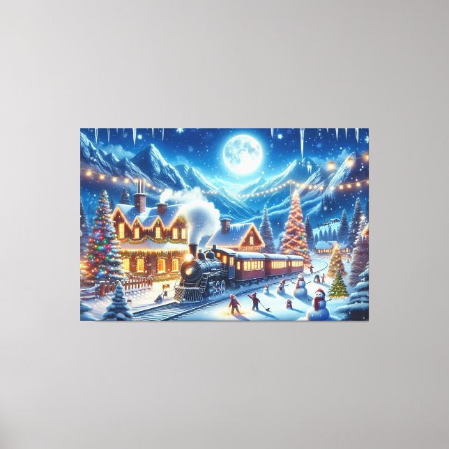 Winter Holiday Express Train Painting Canvas Print (Front)