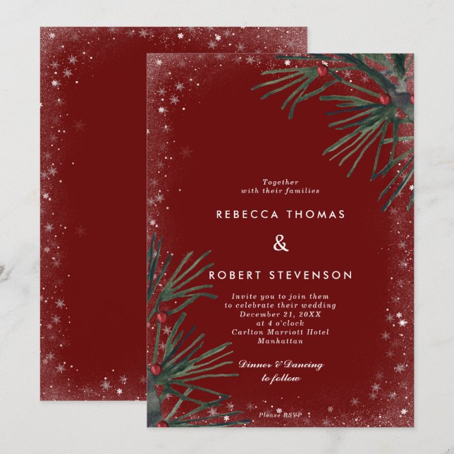 winter holiday glitter pine berry wedding invitation (Front/Back)