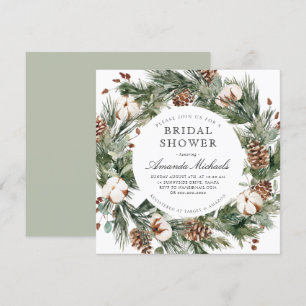 Winter Holiday Greenery Pine Cotton Bridal Shower Invitation