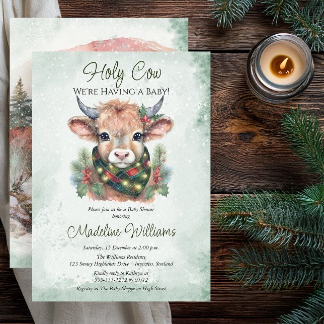Winter Holiday Highland Holy Cow Baby Shower Invitation (Winter Holiday Highland "Holy Cow" Evergreen Baby Shower Invitation - Print | Digital Download)
