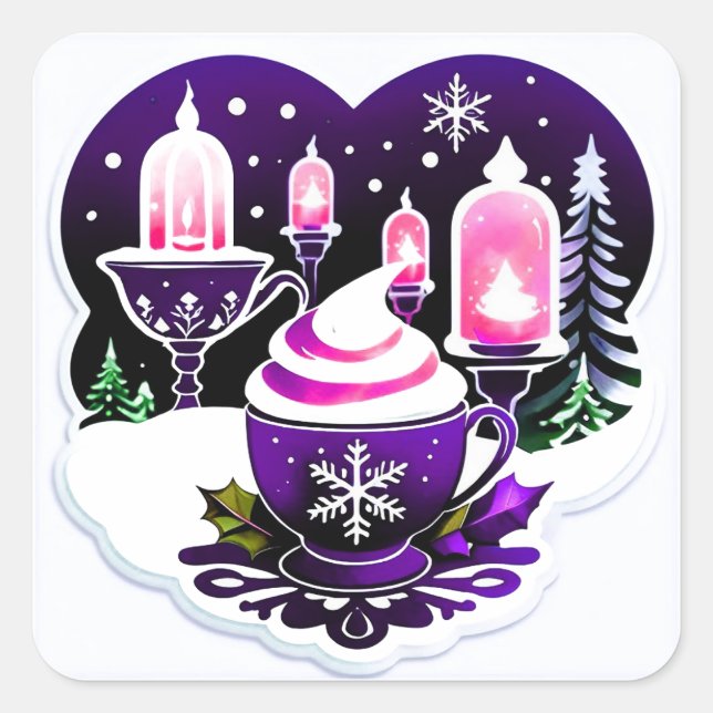 Winter Holiday Hot Chocolate Cup With Lanterns Square Sticker (Front)