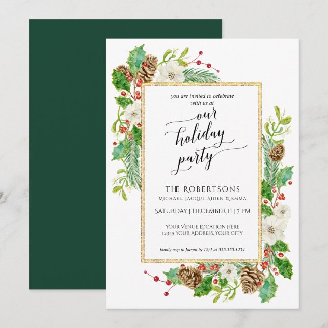 Winter Holiday Party Watercolor Rose Pine Cone Invitation (Front/Back)