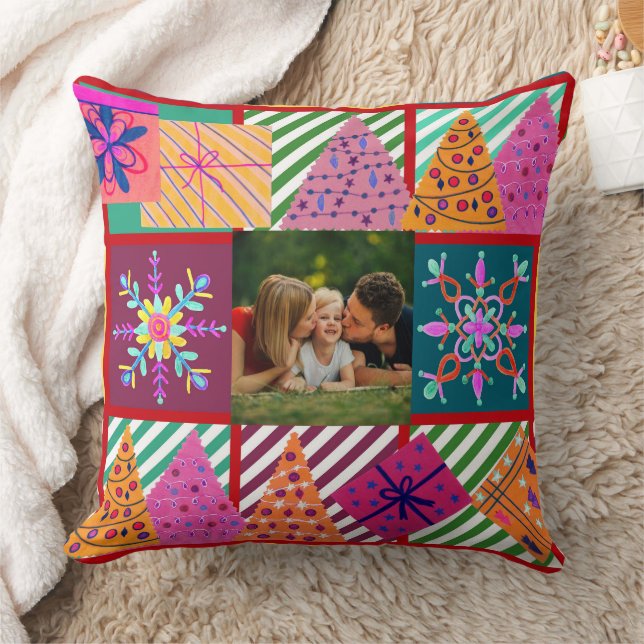 Winter Holiday Patchwork Photo Throw Pillow (Blanket)