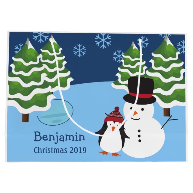 Winter Holiday Penguin and Snowman Christmas Large Gift Bag (Back)