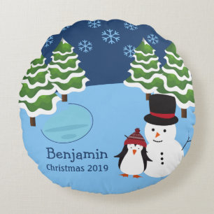Winter Holiday Penguin and Snowman Christmas Round Pillow