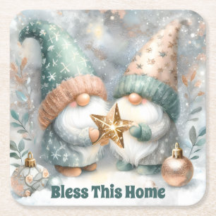 Winter Holiday Personalized Gnome Bless This Home Square Paper Coaster