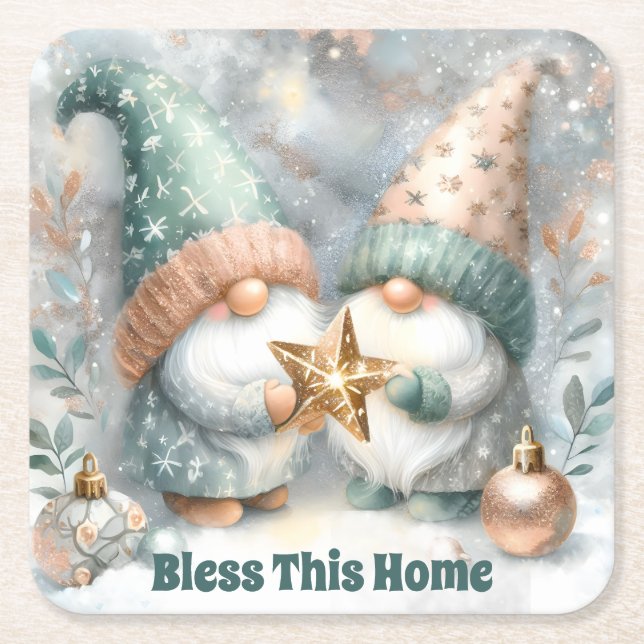 Winter Holiday Personalized Gnome Bless This Home Square Paper Coaster (Front)