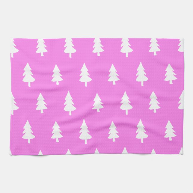 Winter holiday pine tree hot pink pattern  kitchen towel (Horizontal)
