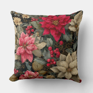 Winter Holiday Poinsettias And Berries Floral Throw Pillow