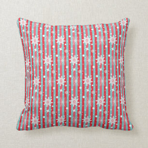 Winter Holiday Red Aqua Snowflakes and Stripes Throw Pillow