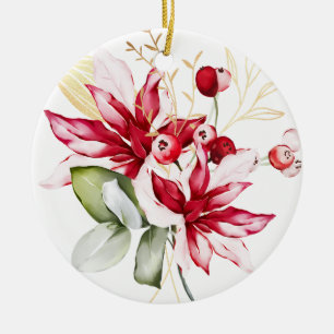 Winter holiday red poinsettia watercolour flowers  ceramic ornament