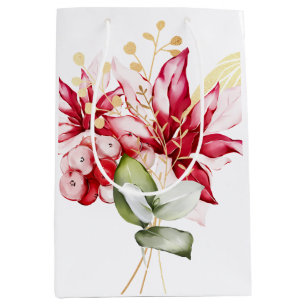 Winter holiday red poinsettia watercolour flowers medium gift bag