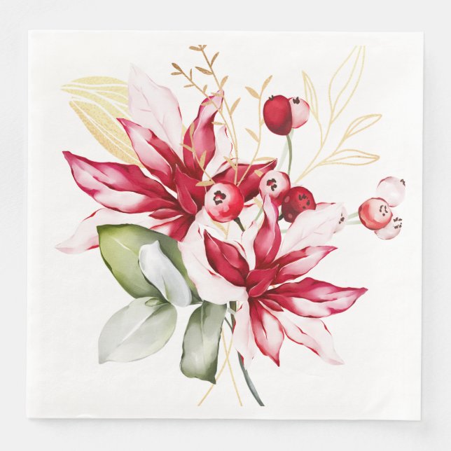 Winter holiday red poinsettia watercolour flowers  napkin (Front)