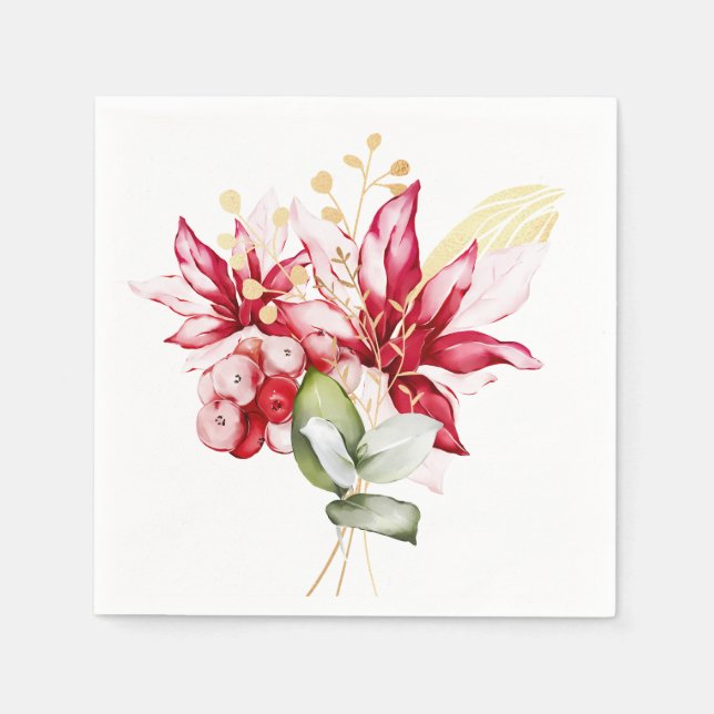 Winter holiday red poinsettia watercolour flowers  napkin (Front)