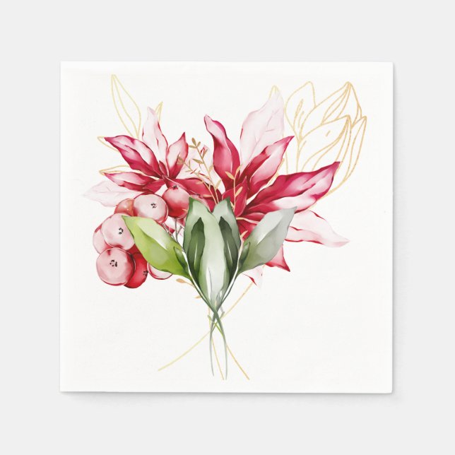 Winter holiday red poinsettia watercolour flowers  napkin (Front)