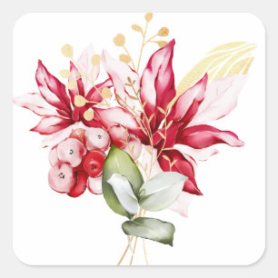 Winter holiday red poinsettia watercolour flowers  square sticker