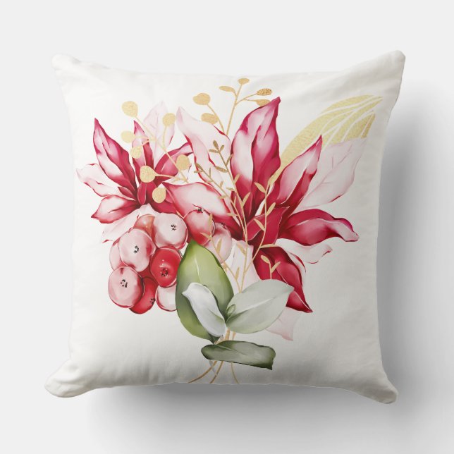 Winter holiday red poinsettia watercolour flowers  throw pillow (Front)