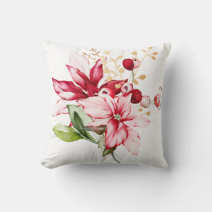 Winter holiday red poinsettia watercolour flowers throw pillow