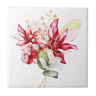 Winter holiday red poinsettia watercolour flowers tile