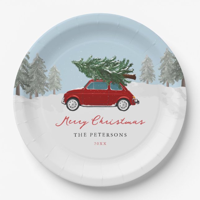 Winter Holiday Red Truck Christmas Party Paper Pla Paper Plate (Front)