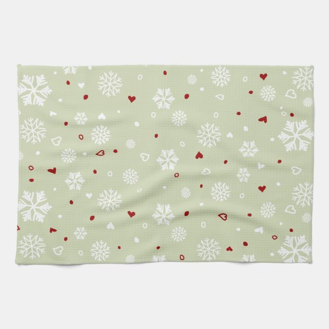 Winter Holiday Snowflakes Hearts on Green Kitchen Towel (Horizontal)