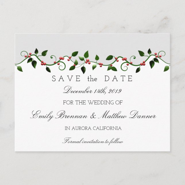 Winter Holiday Wedding Holly Berry Save the Date Announcement Postcard (Front)