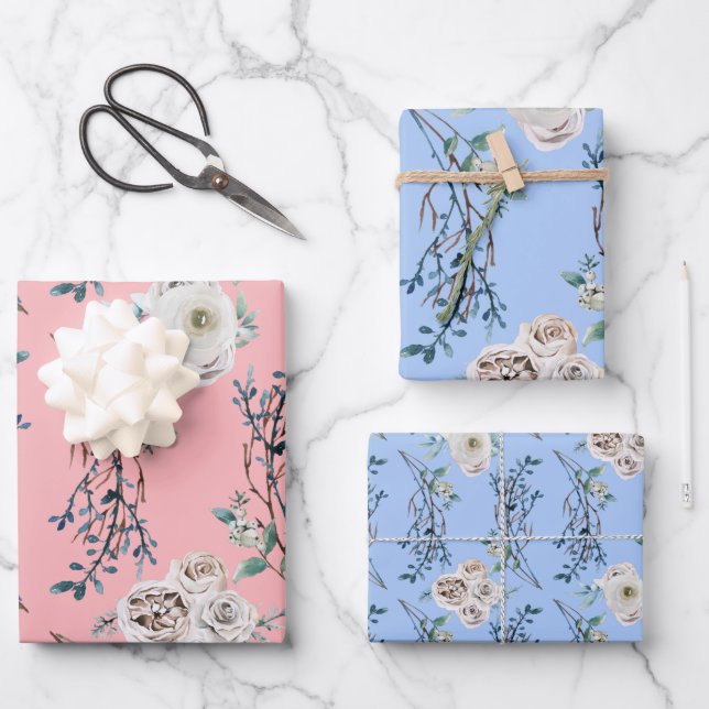 Winter holiday wedding roses pattern  wrapping paper sheet (Front)