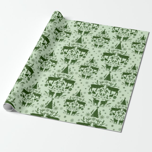 Winter Holiday with reindeer, snow rabbits, trees Wrapping Paper (Unrolled)