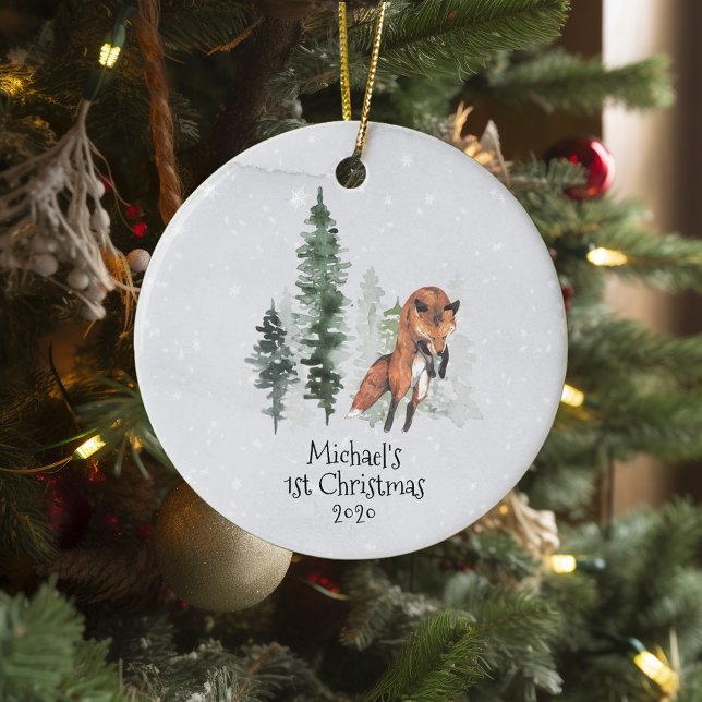 Winter Holiday Woodland Fox 1st Christmas Ceramic Ornament (Creator Uploaded)