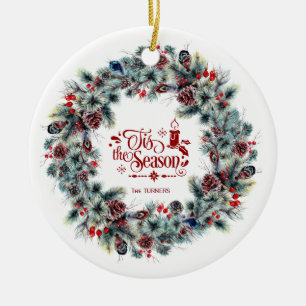 Winter Holiday Wreath 'Tis the Season Monogram Ceramic Ornament