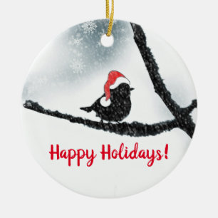 Winter Holidays Bird Snowy Branch Ceramic Ornament
